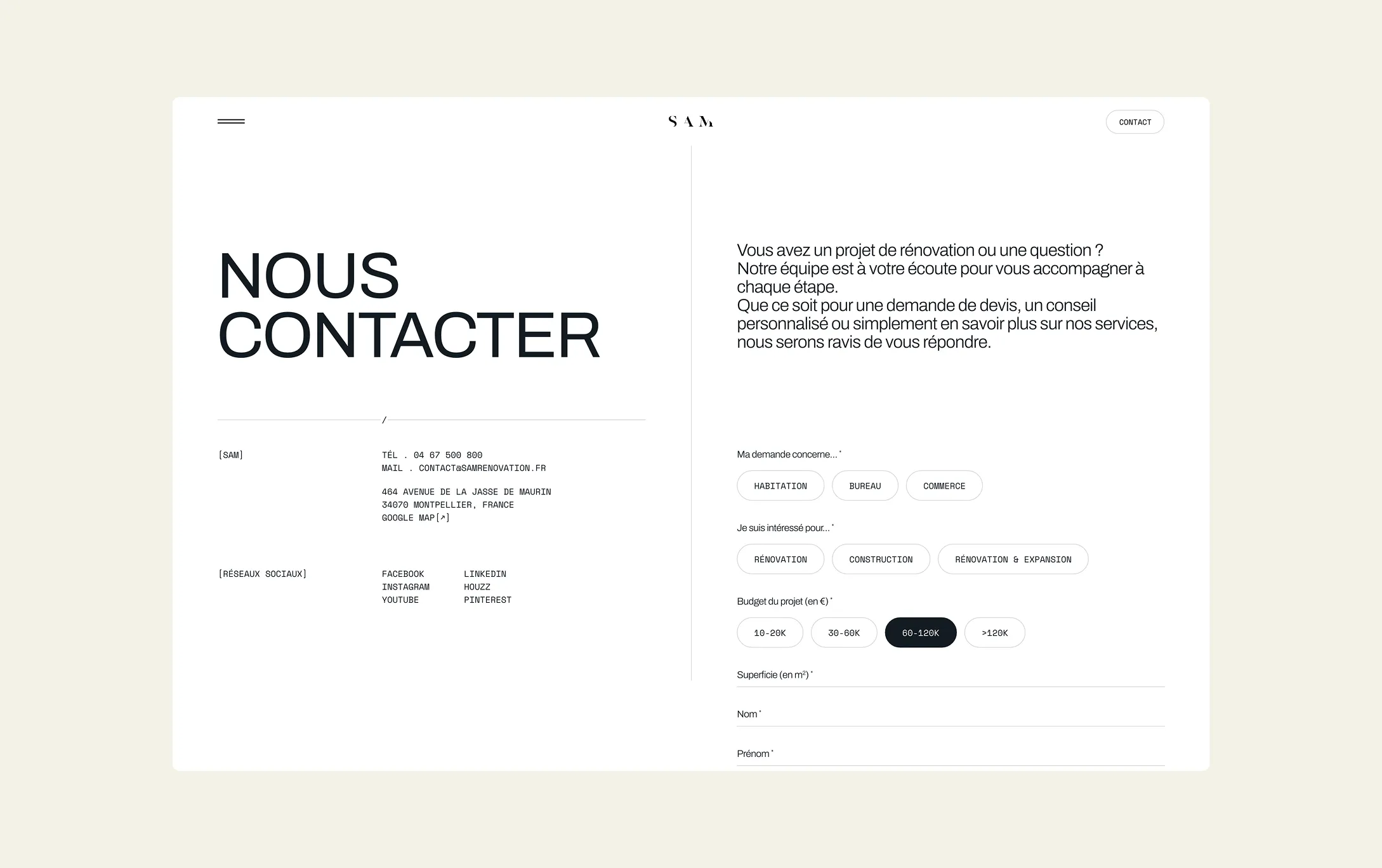 Vue paysage formulaire sam